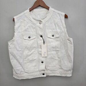 White Denim Vest Size L Raw Hem Button Front Utility Pockets New with Tags